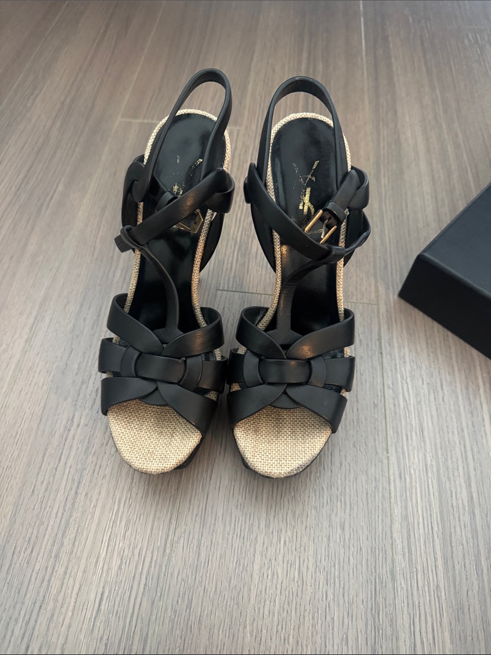 Yves Saint Laurent Black Braided Strap Platform Sandals
